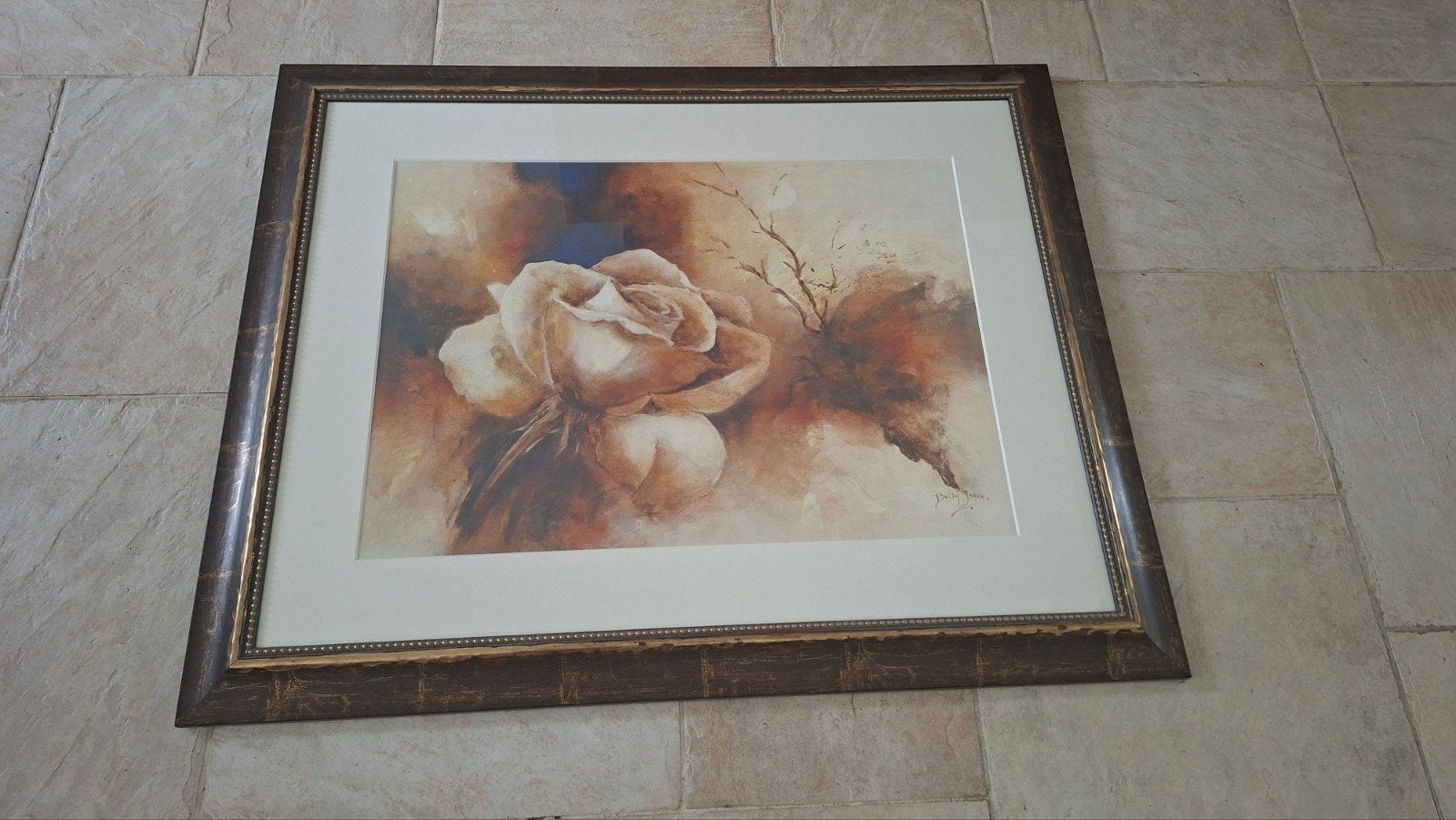Schilderij met roos, ingelijst en met passe-partout, Antiek en Kunst, Kunst | Schilderijen | Klassiek, Ophalen, Realistisch, Ingelijst