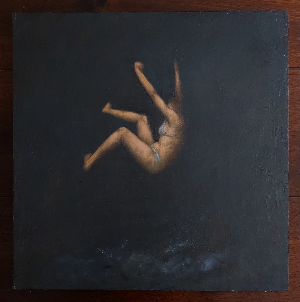 Schilderijtje van Springende Vrouw in het Water - Olieverf, Paneel, Portret of Personen, Realistisch, Ophalen of Verzenden