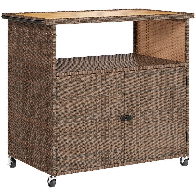 Outsunny Serveerwagen Rattan Keukenwagen Eucalyptus Werkblad, Tuin en Terras, Ophalen, Nieuw