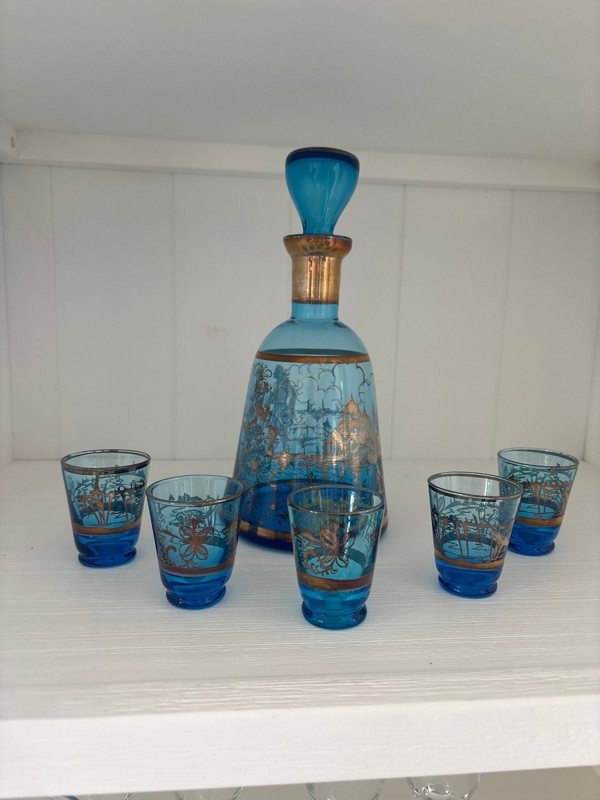 Vintage Venetiaans likeurset met karaf en 6 glaasjes, Ophalen