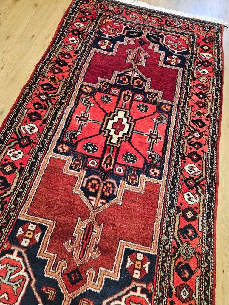 Vintage handgeknoopt perzisch hamadan 210x102, Info@SlatsAntiek.nl, Tweedehands, 100 tot 150 cm, Perzisch