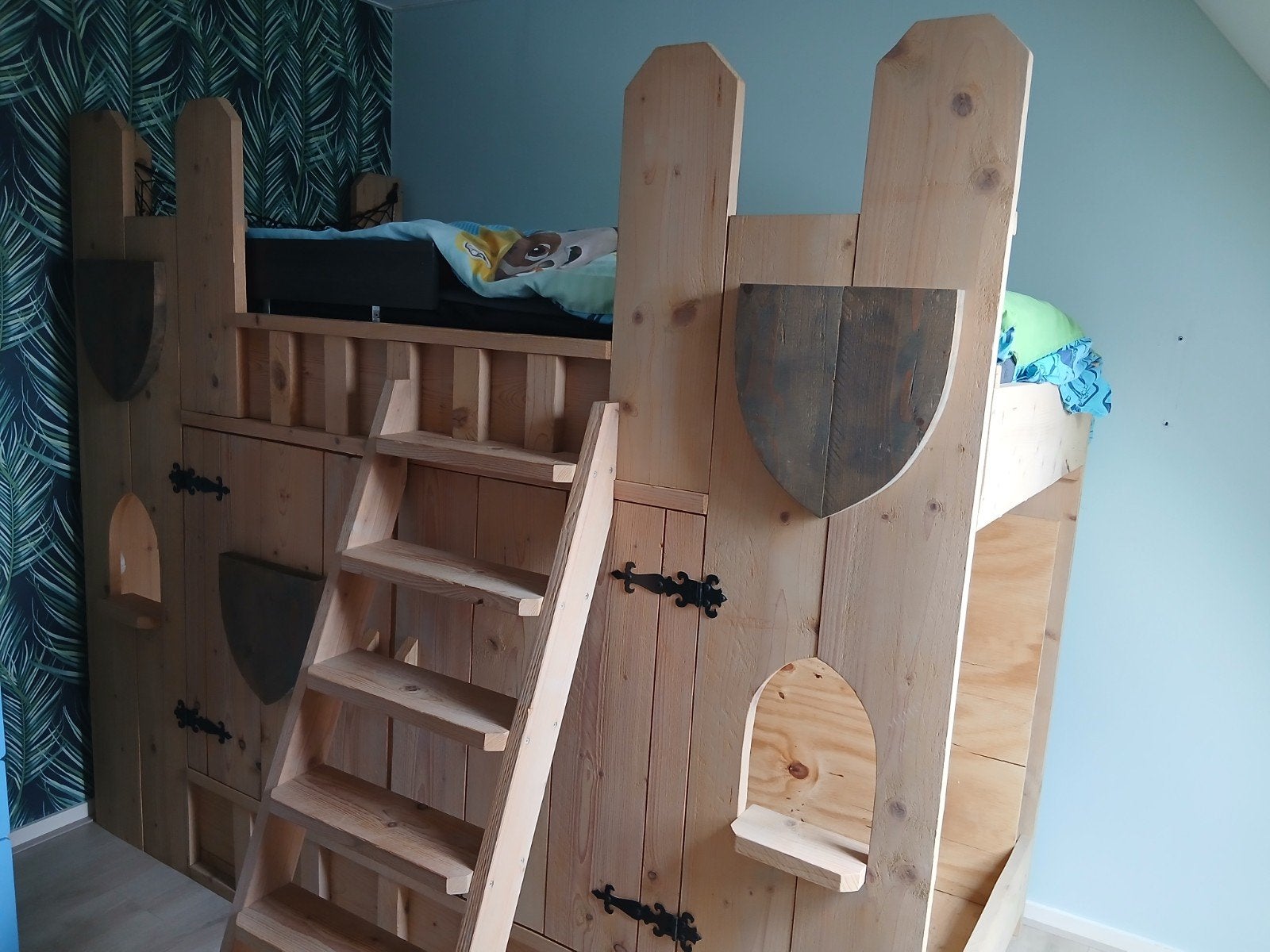 Uniek kasteel stapelbed voor avontuurlijke dromen, Ophalen, Eenpersoons, 90 cm, Hoogslaper