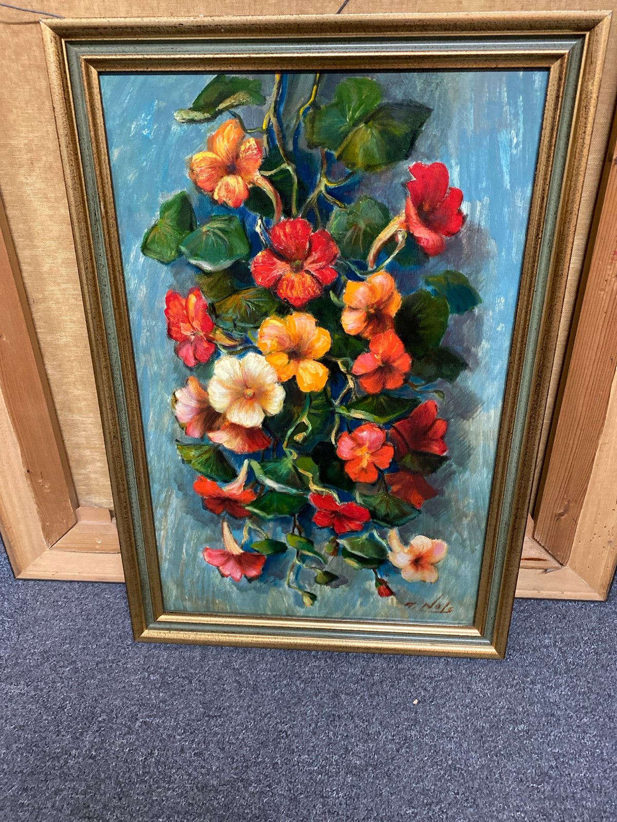 Schilderij met kleurrijke bloemen, 42 x 60 cm, Antiek en Kunst, Doek, Realistisch, Olieverf, Ingelijst