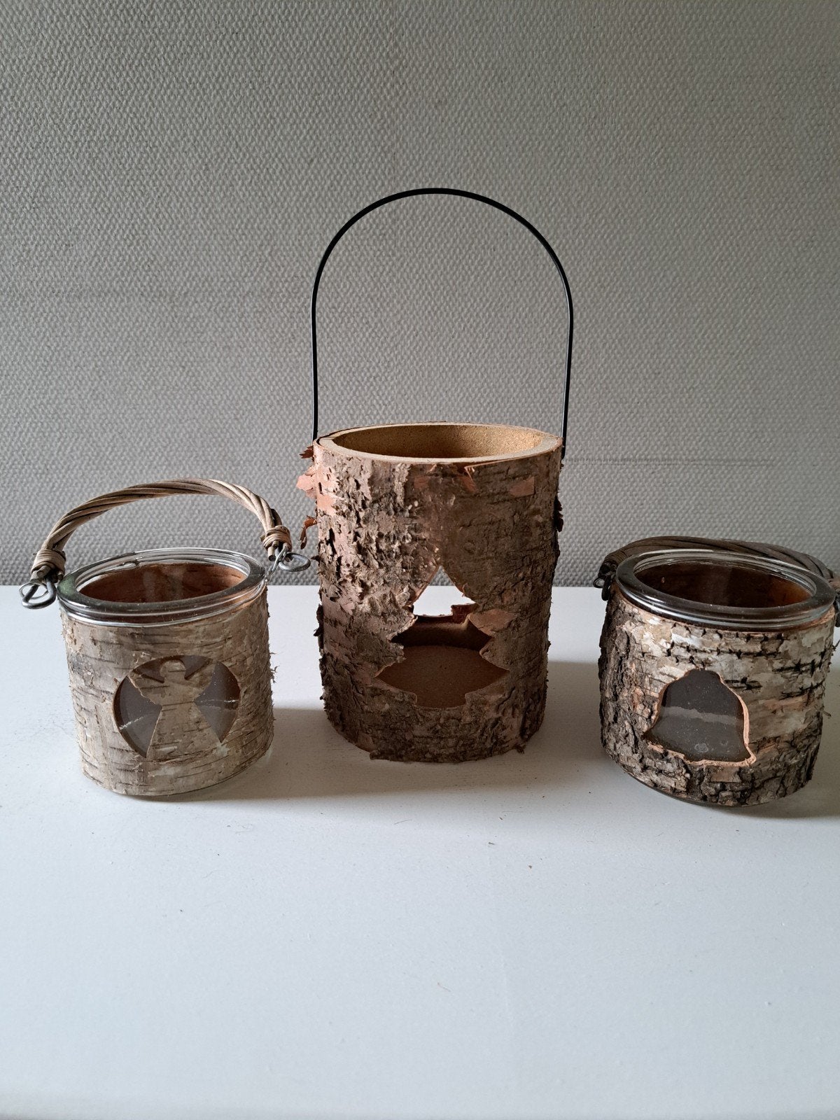 Set van 3 rustieke houten windlichten/waxinelichthouders, Windlicht, Gebruikt, Bruin, Overige merken