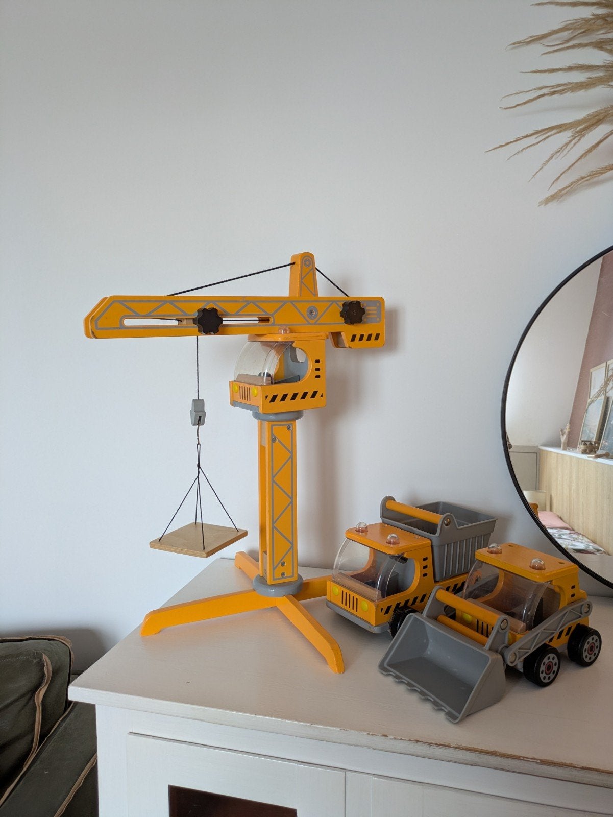 Hape bouwplaats set: hijskraan, shovel en kiepwagen, Ophalen of Verzenden, Gebruikt