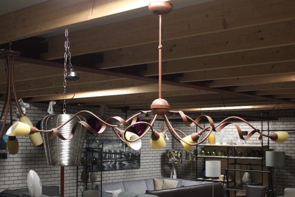 Vintage hanglamp metaal & glas sierlijk bruin roest geel, Ophalen, Zo goed als nieuw, Glas, E27 (groot)