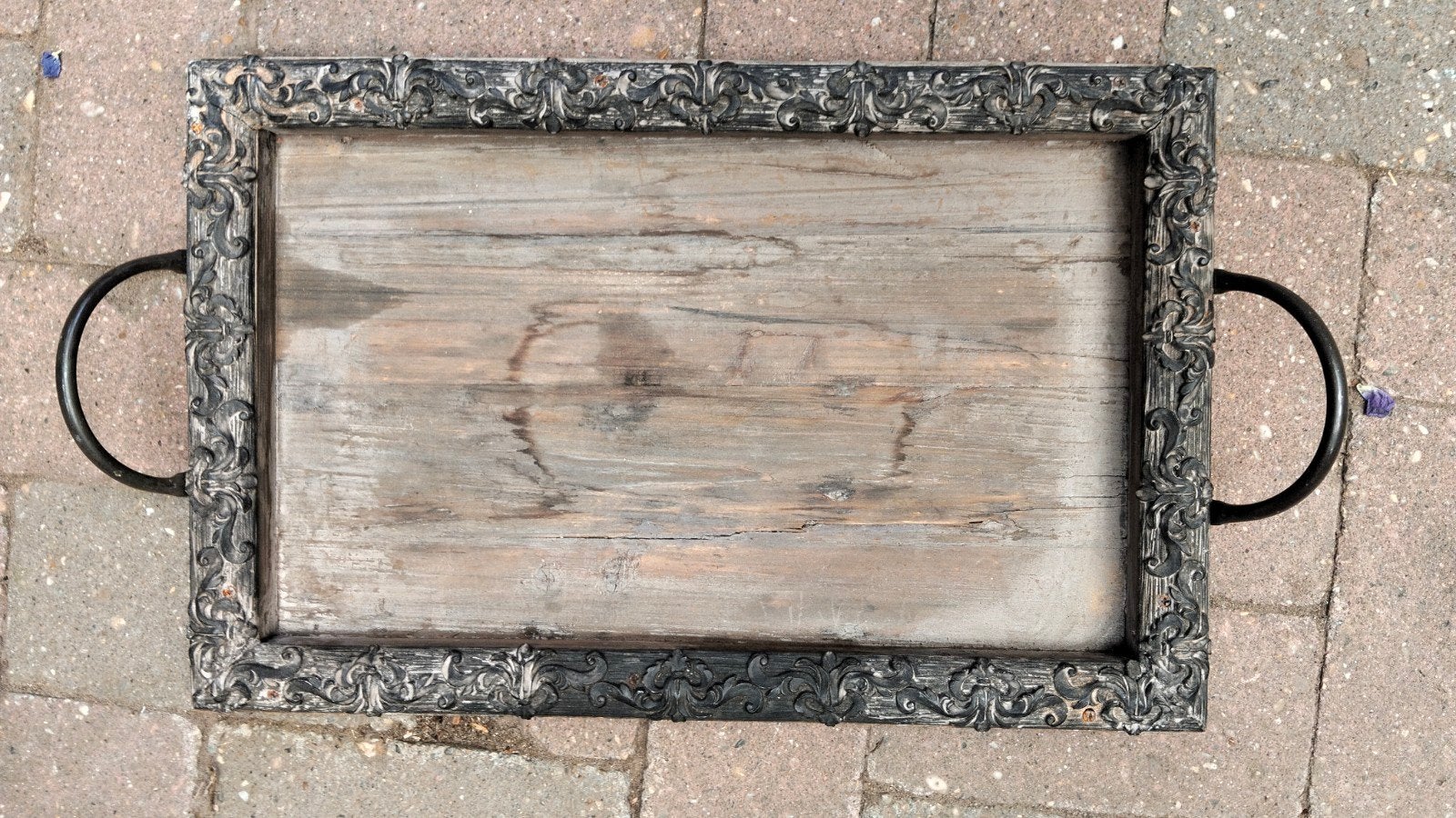 Brocante houten gedetailleerd dienblad met metalen handgrepe, Gebruikt, ., Ophalen of Verzenden, .