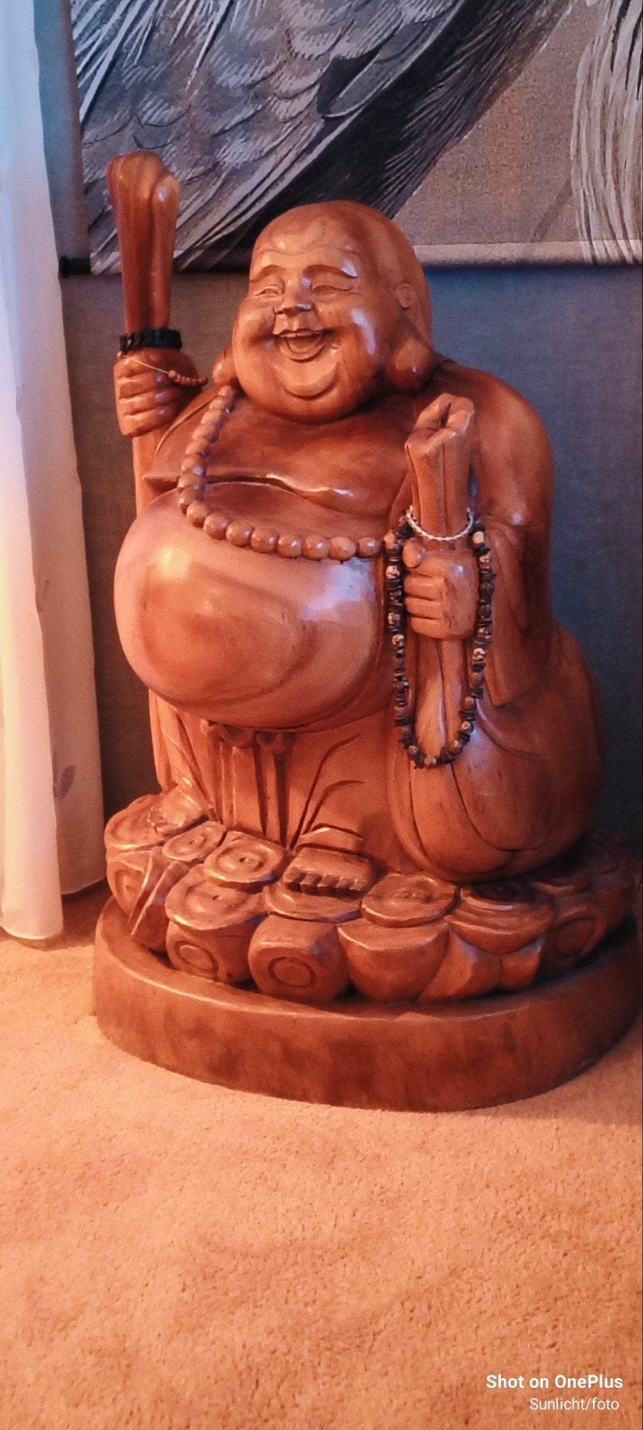 Grote houten Boeddha beeld - Lachende Boeddha, Antiek en Kunst, Ophalen, Overige onderwerpen, 50 - 100 cm, Handgemaakt