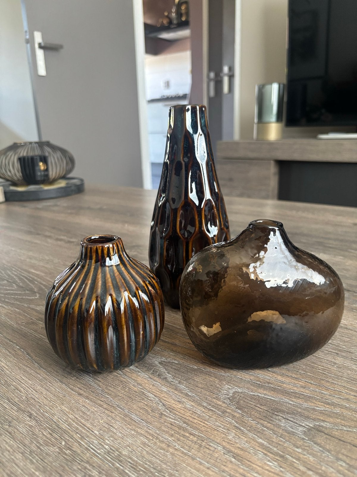Set van 3 vintage vazen - bruin geglazuurd keramiek, Ophalen