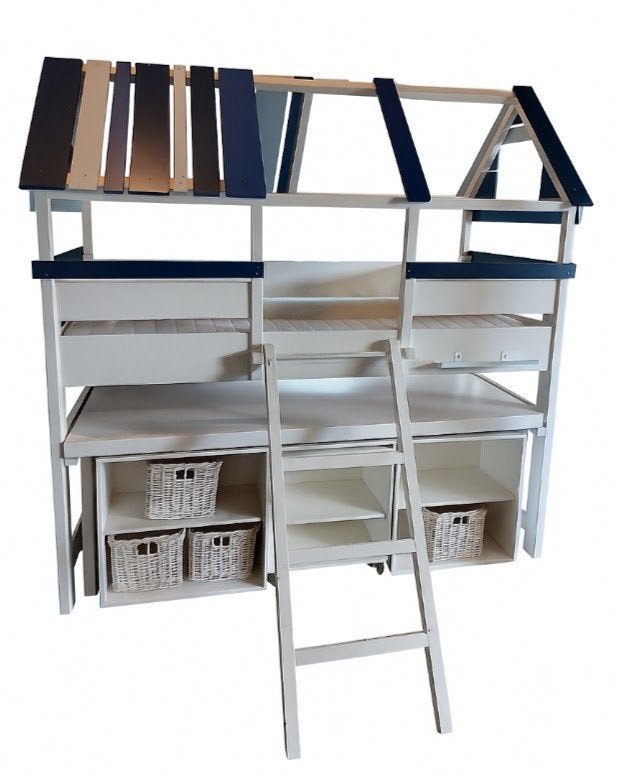 Uniek Huisbed met Bureau en Opbergruimte - Wit/Blauw, Ophalen, Gebruikt, Eenpersoons, 200 cm