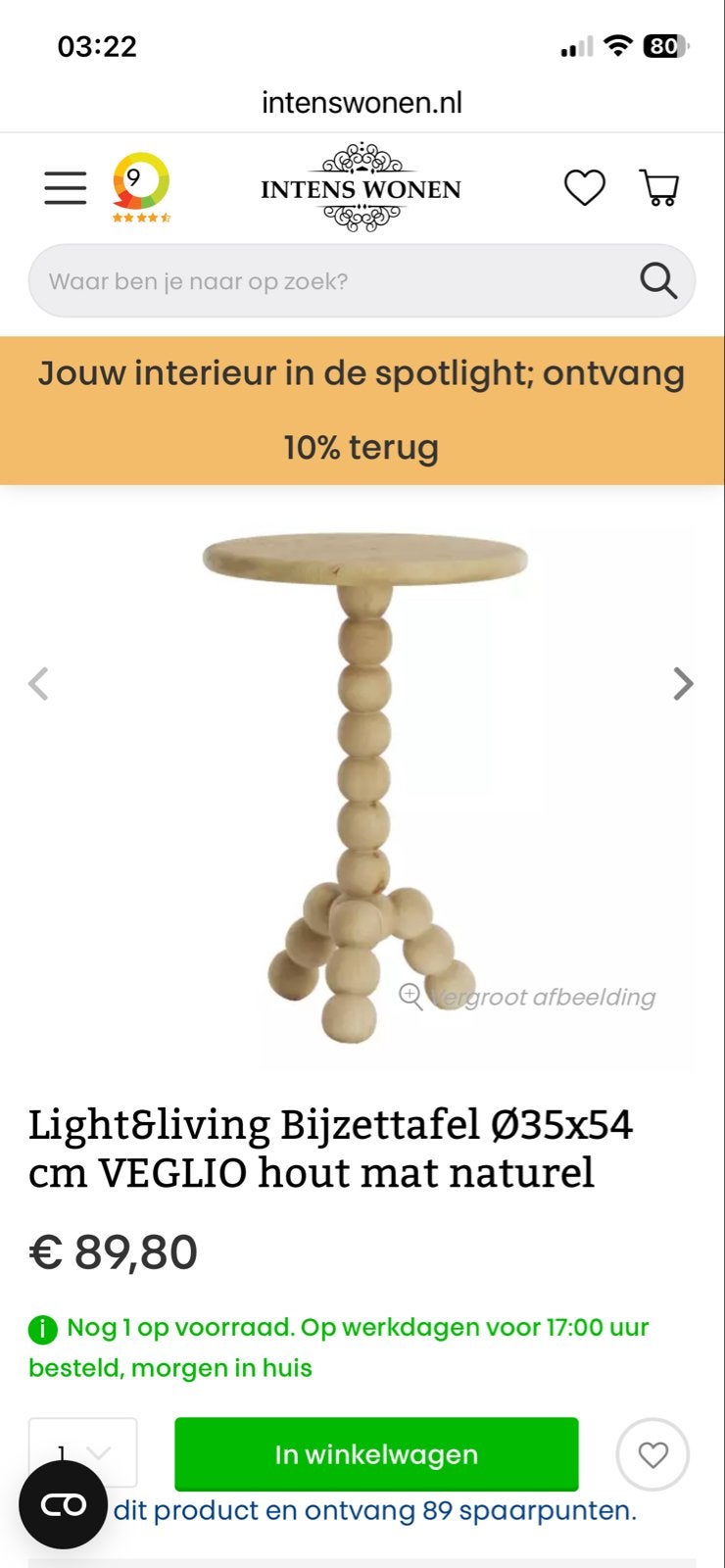Nieuw bijzettafeltje - Light&living VEGLIO hout mat naturel, Huis en Inrichting, Minder dan 55 cm, Rond, Nieuw, Hout
