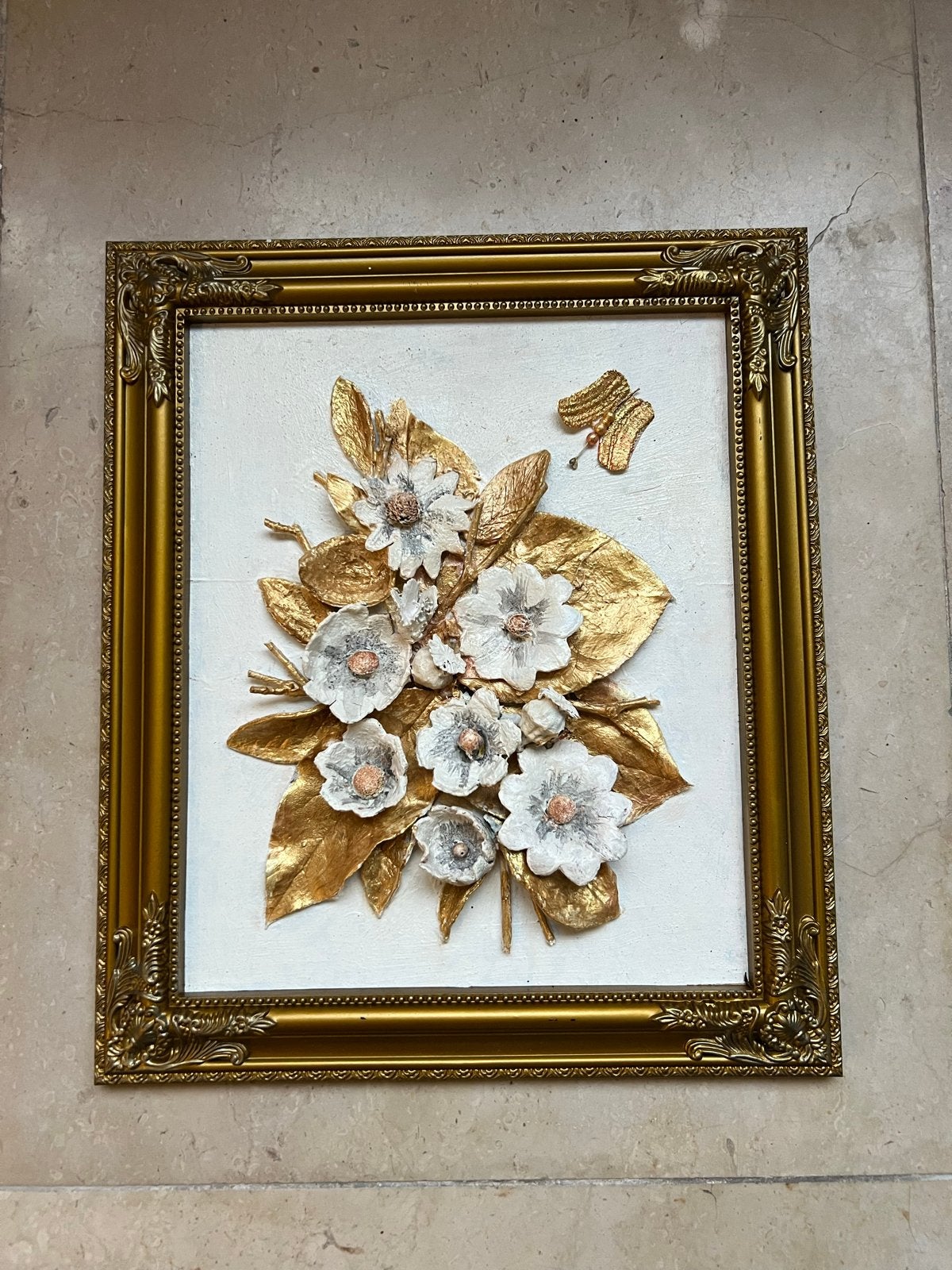 Uniek handgemaakt 3D bloemen schilderij in gouden lijst, Ophalen of Verzenden