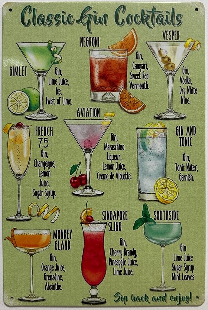 Classic Gin Cocktails reclamebord van metaal wandbord deco, Info@deconoord.nl, Deco Noord, Nieuw, Ophalen of Verzenden