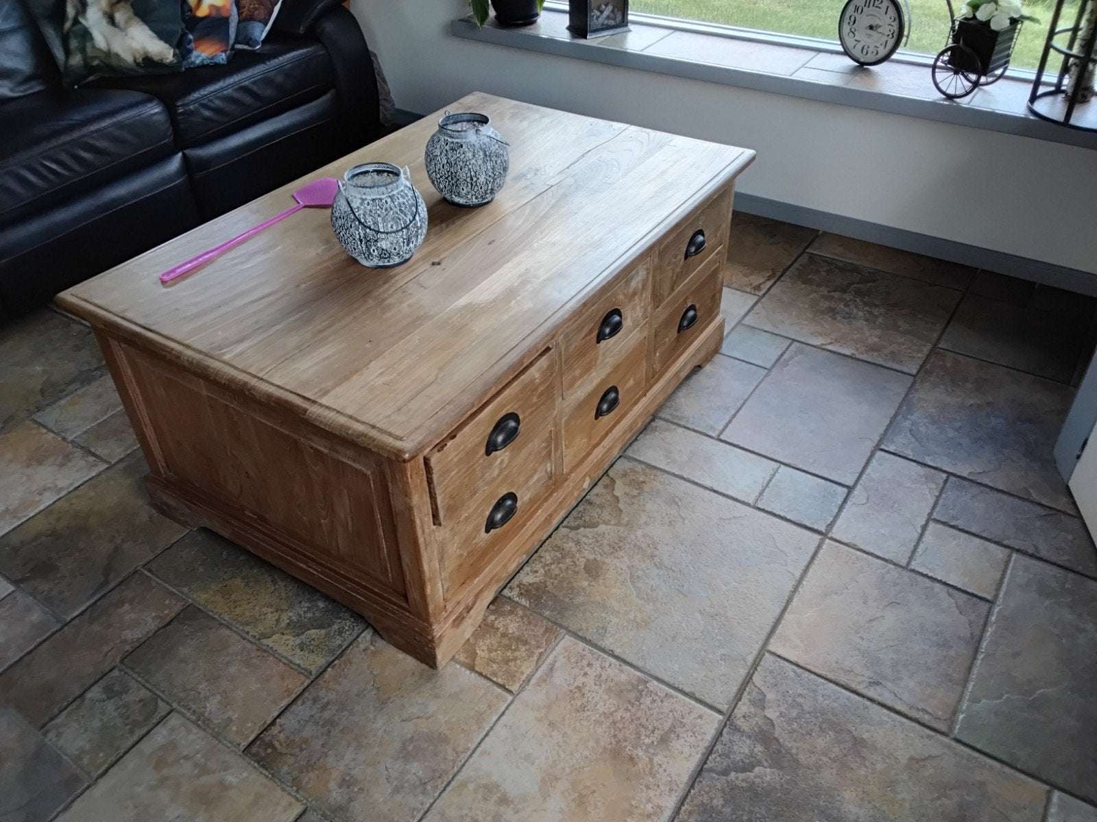 Teakhouten salontafel met 12 lades en bijpassende hoektafel, 50 – 75, Gebruikt, 100 tot 150 cm, Teakhout