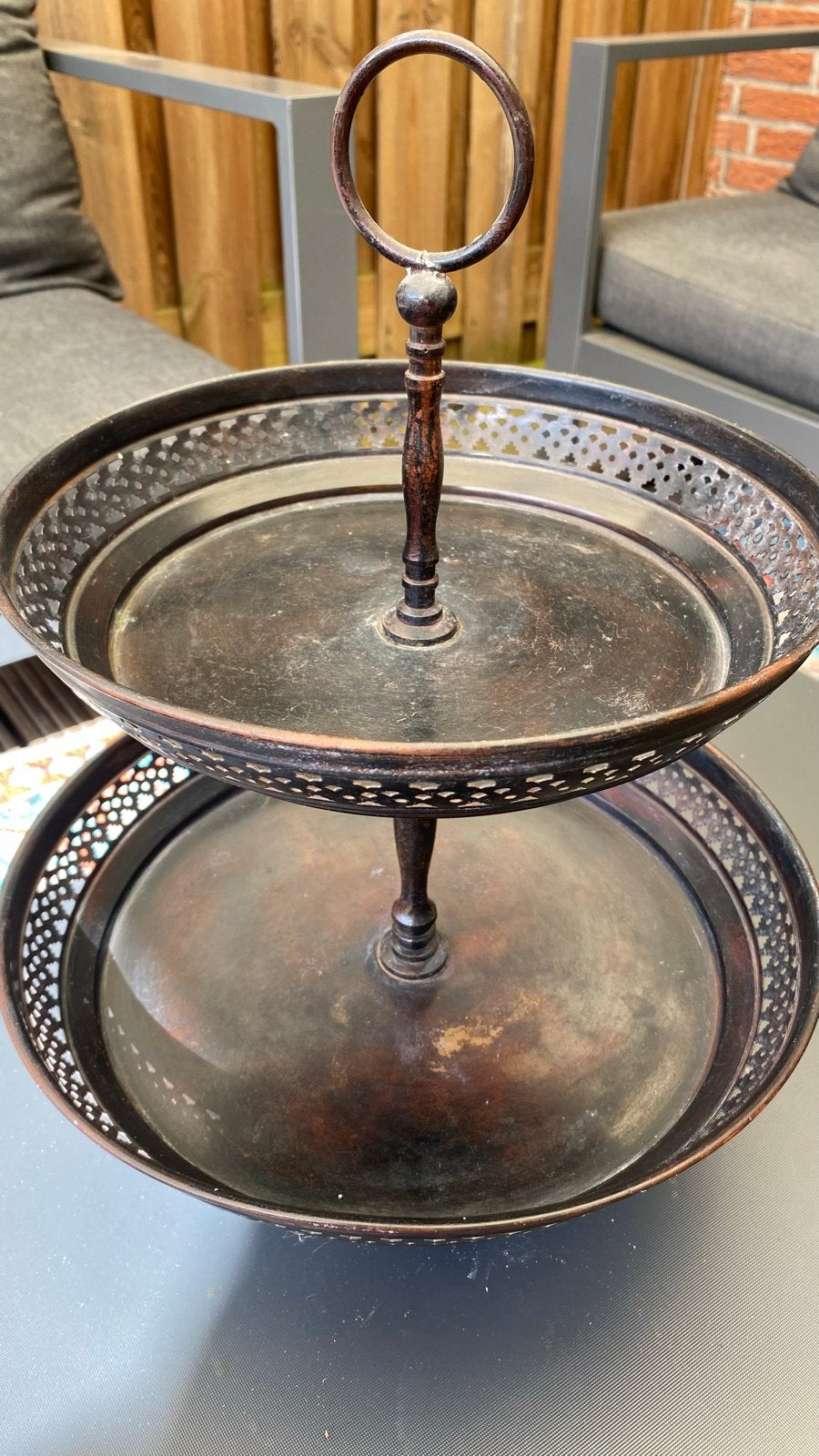Stoere industriële metalen etagère (2-laags) - Donkerbrons /, Ophalen, Gebruikt, Metaal, Bruin