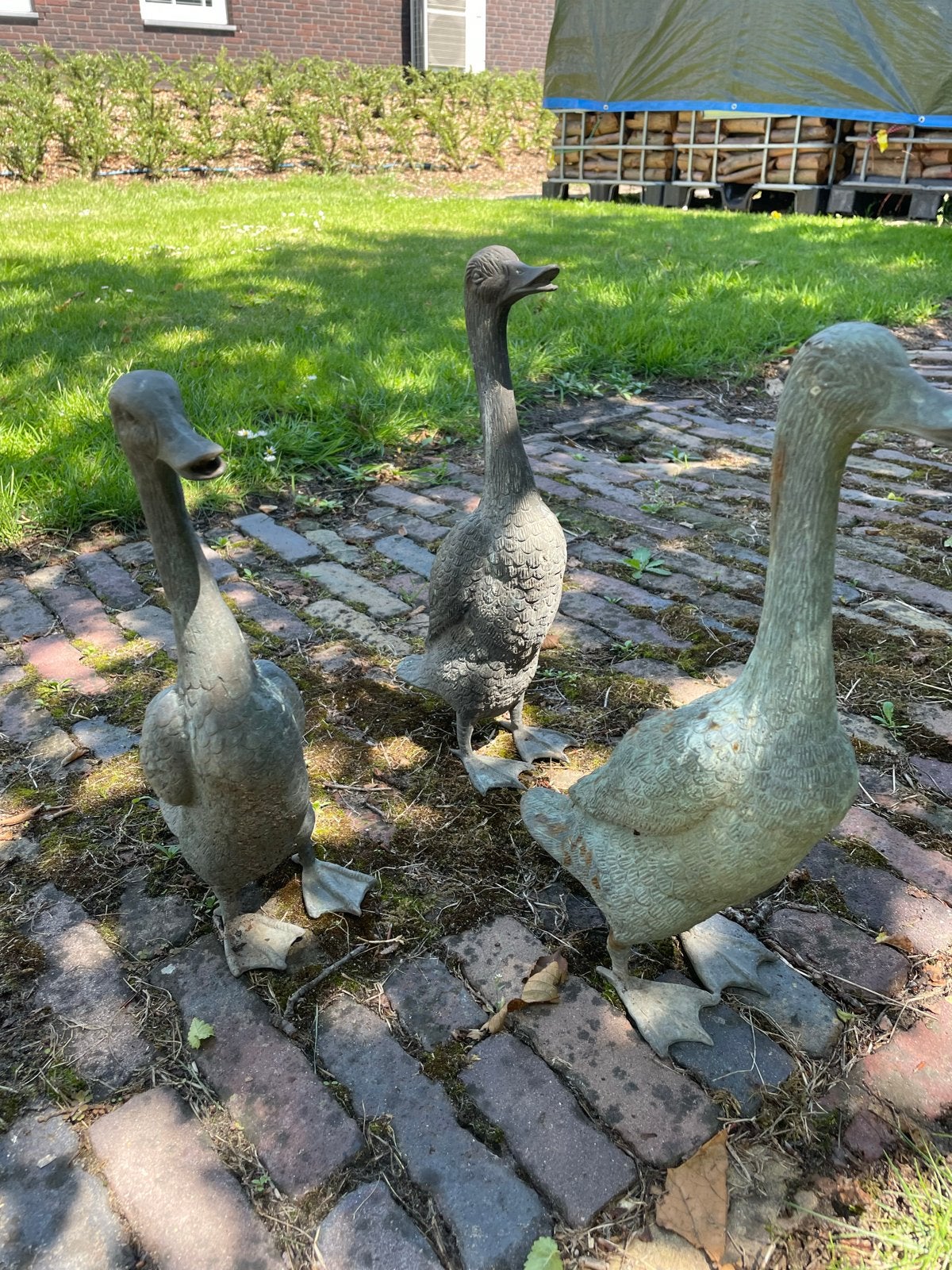 Set van 3 Bronzen Tuinbeelden Eenden, Ophalen of Verzenden, Gebruikt, Metaal, Dierenbeeld