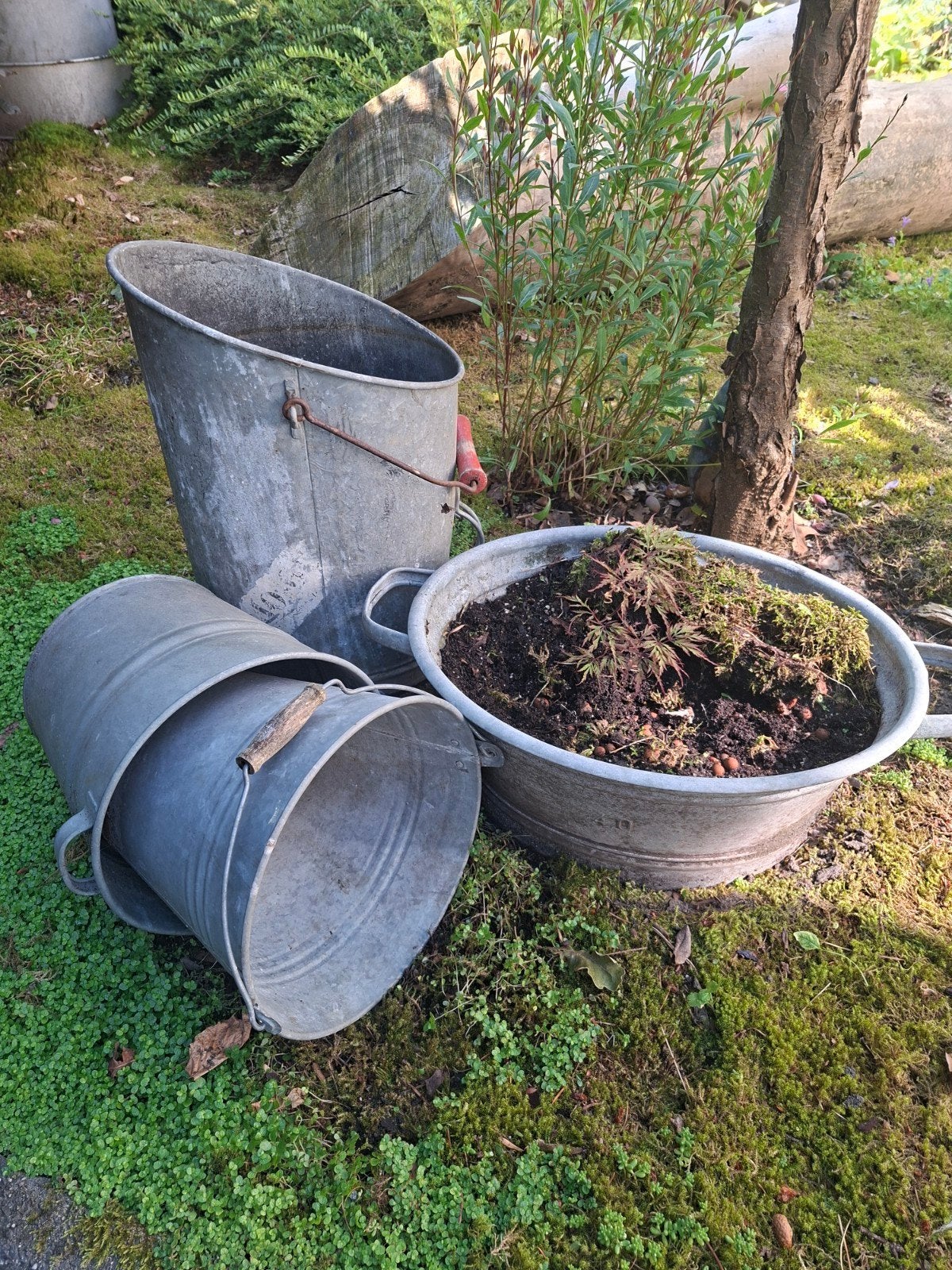 Leuke zinken set, Tuin en Terras, Bloembakken en Plantenbakken, Ophalen, Rond, Metaal, Minder dan 30 cm