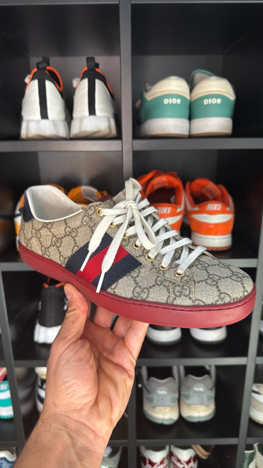 Gucci Ace Sneakers met GG Monogram en Web Stripe, Ophalen, Gedragen, Bruin, Sneakers of Gympen