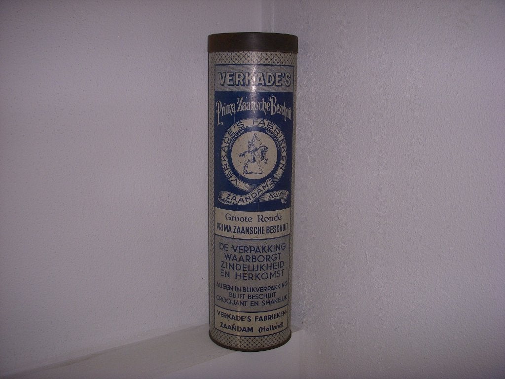 Vooroorlogs beschuitblik van Verkade's Zaansche beschuit, Verzamelen, Ophalen of Verzenden, Gebruikt, Beschuit, Verkade