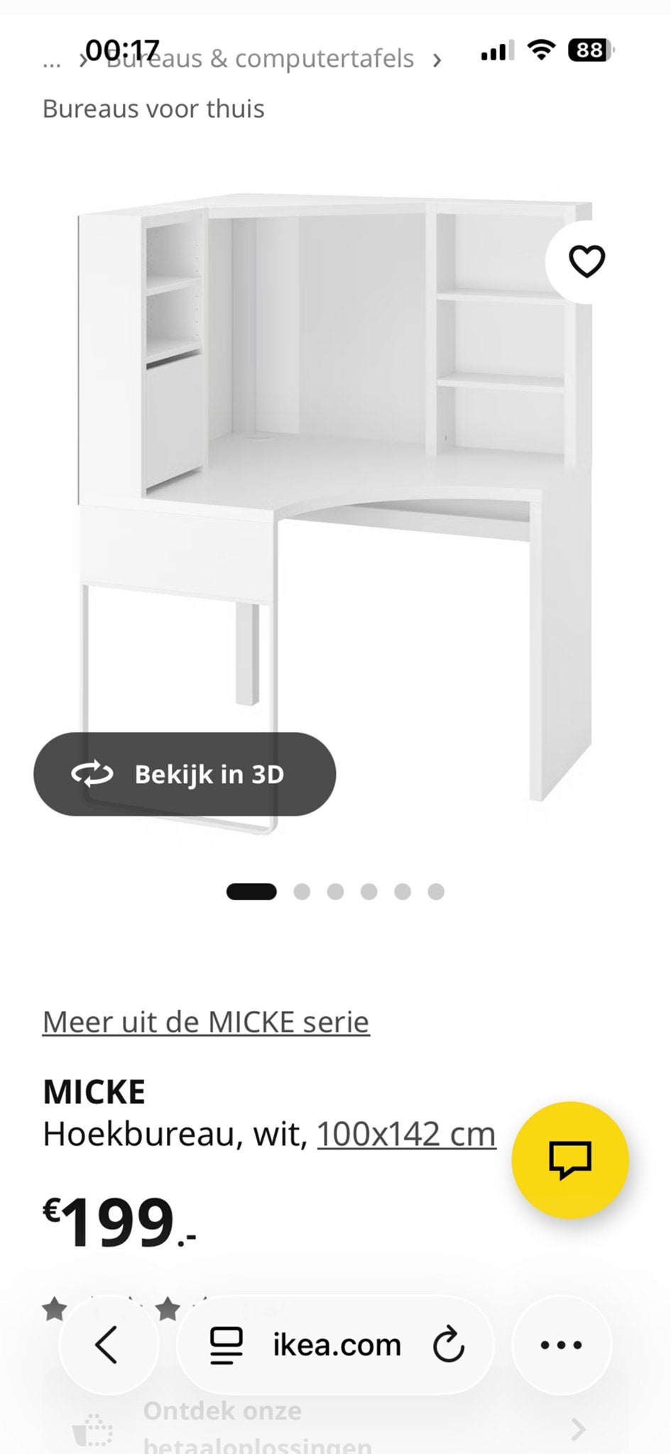 IKEA MICKE Hoekbureau Wit, Huis en Inrichting, Bureaus, Ophalen, Met lades, Spaanplaat of MDF, Hoekbureau