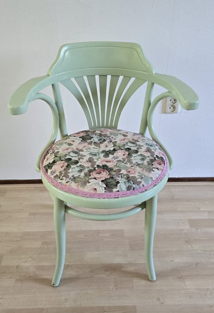 Groene Thonet houten stoel met bloemenzitting, Ophalen