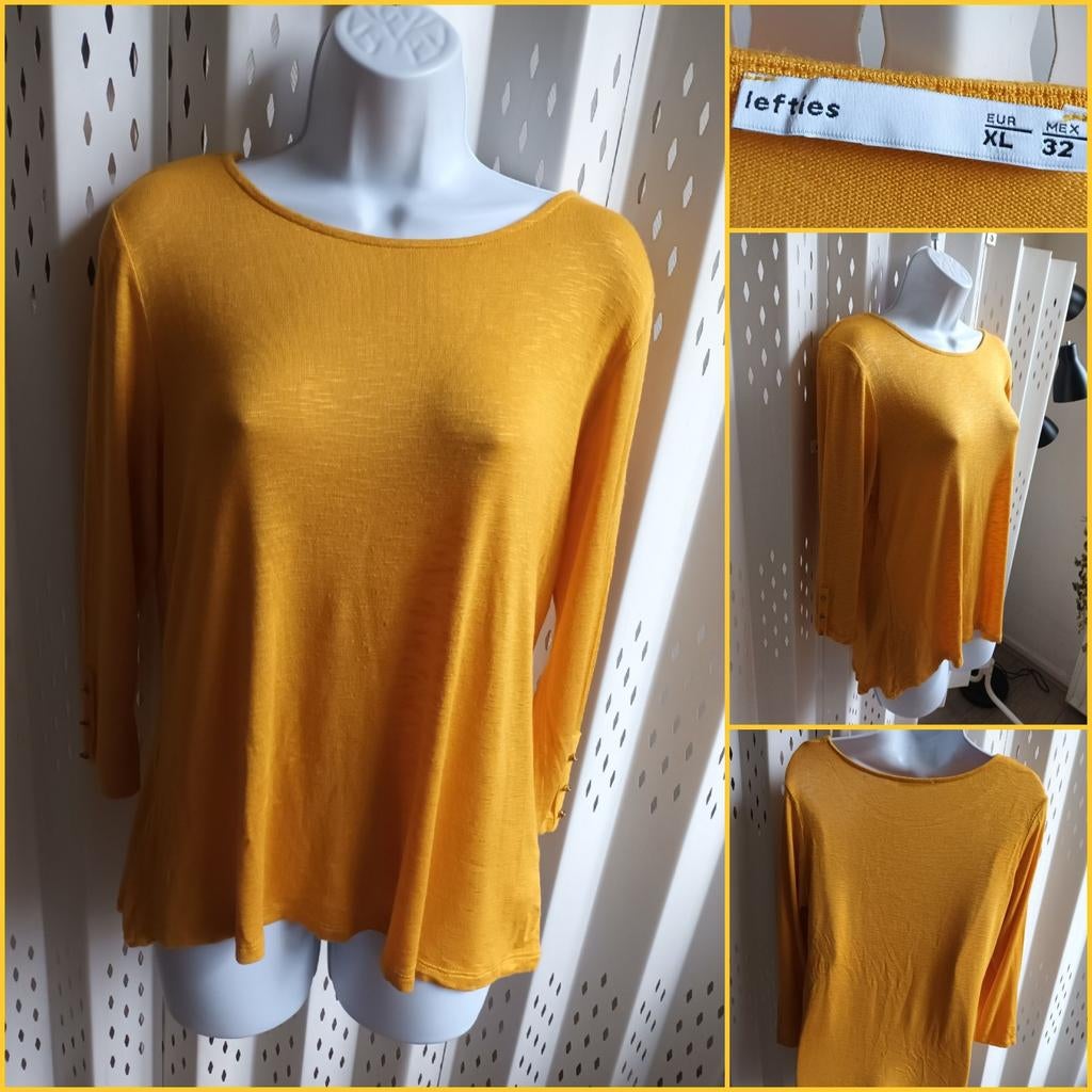 LEFTIES geel dames t-shirt 3/4 mouwen knoopjes stretch XL, Kleding | Dames, Geel, Maat 46/48 (XL) of groter, Ophalen of Verzenden