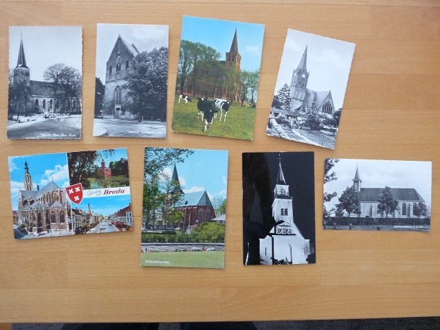 8 ansichten met kerken in Nederland, Verzamelen, Ophalen of Verzenden, 1960 tot 1980, Gelderland