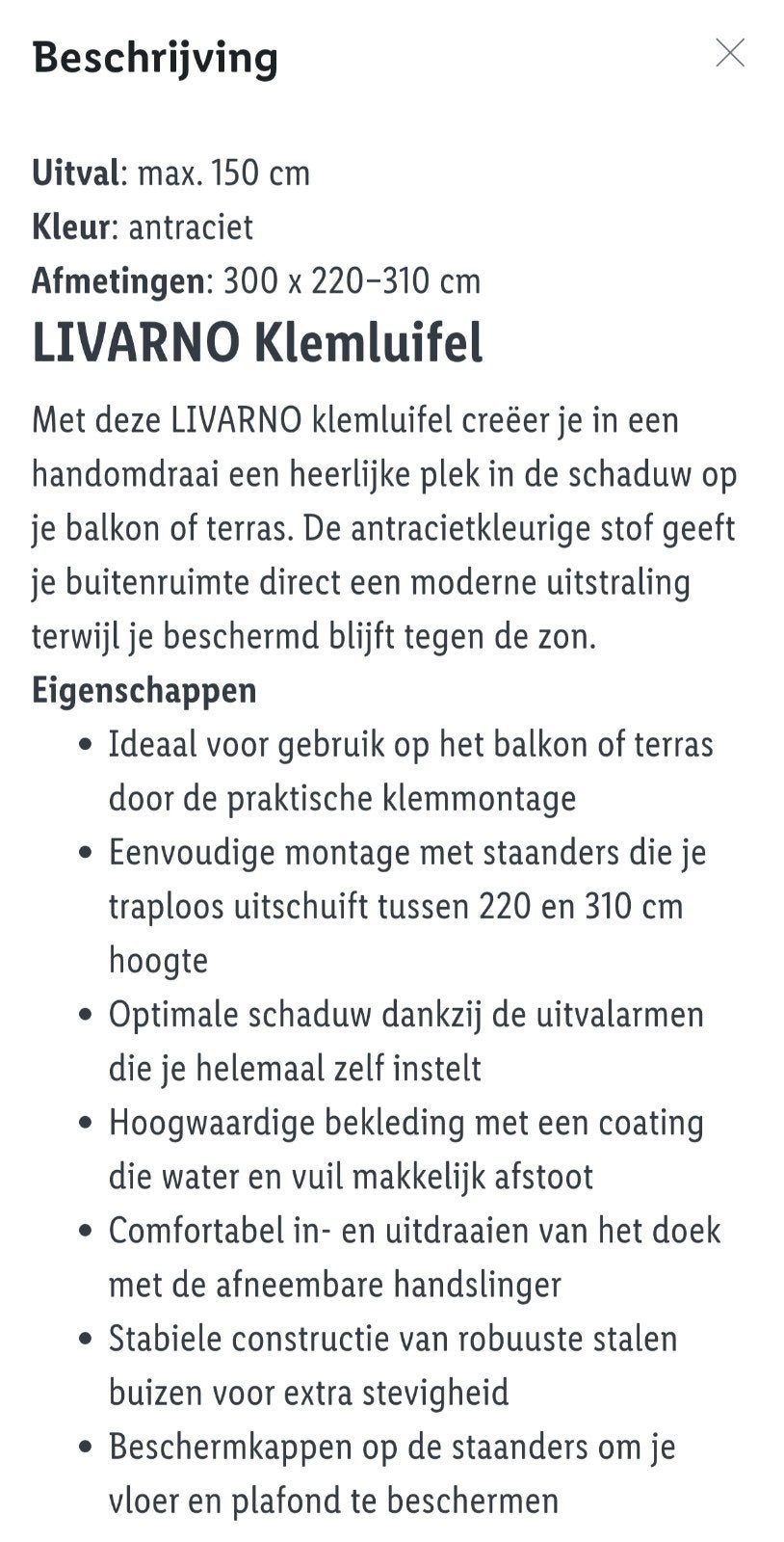 LIVARNO Klemluifel 300 cm - Antraciet, Tuin en Terras, Overige typen, Nieuw, Ophalen of Verzenden, 250 cm tot 450 cm