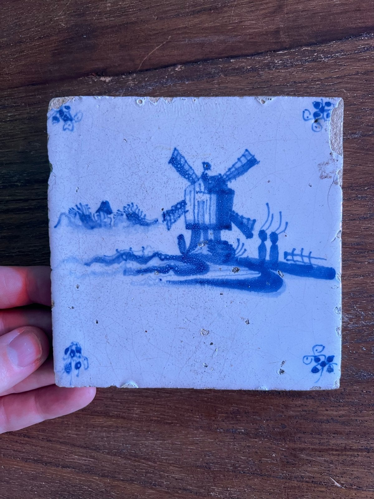 Antieke Hollandse tegel met molen, 17e/18e eeuw, Ophalen