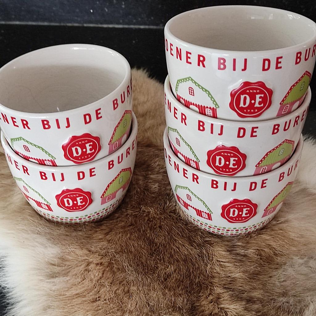 5 Douwe Egberts kopjes Burendagmokken, Ophalen of Verzenden, Gebruikt, Rond, Porselein of Keramiek