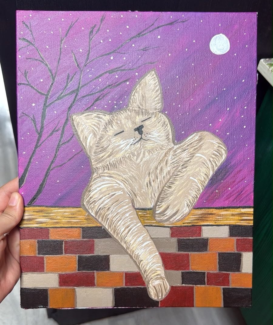 Schilderij van slapende kat onder de sterrenhemel, Antiek en Kunst, Kunst | Schilderijen | Klassiek, Acrylverf, Doek, Realistisch