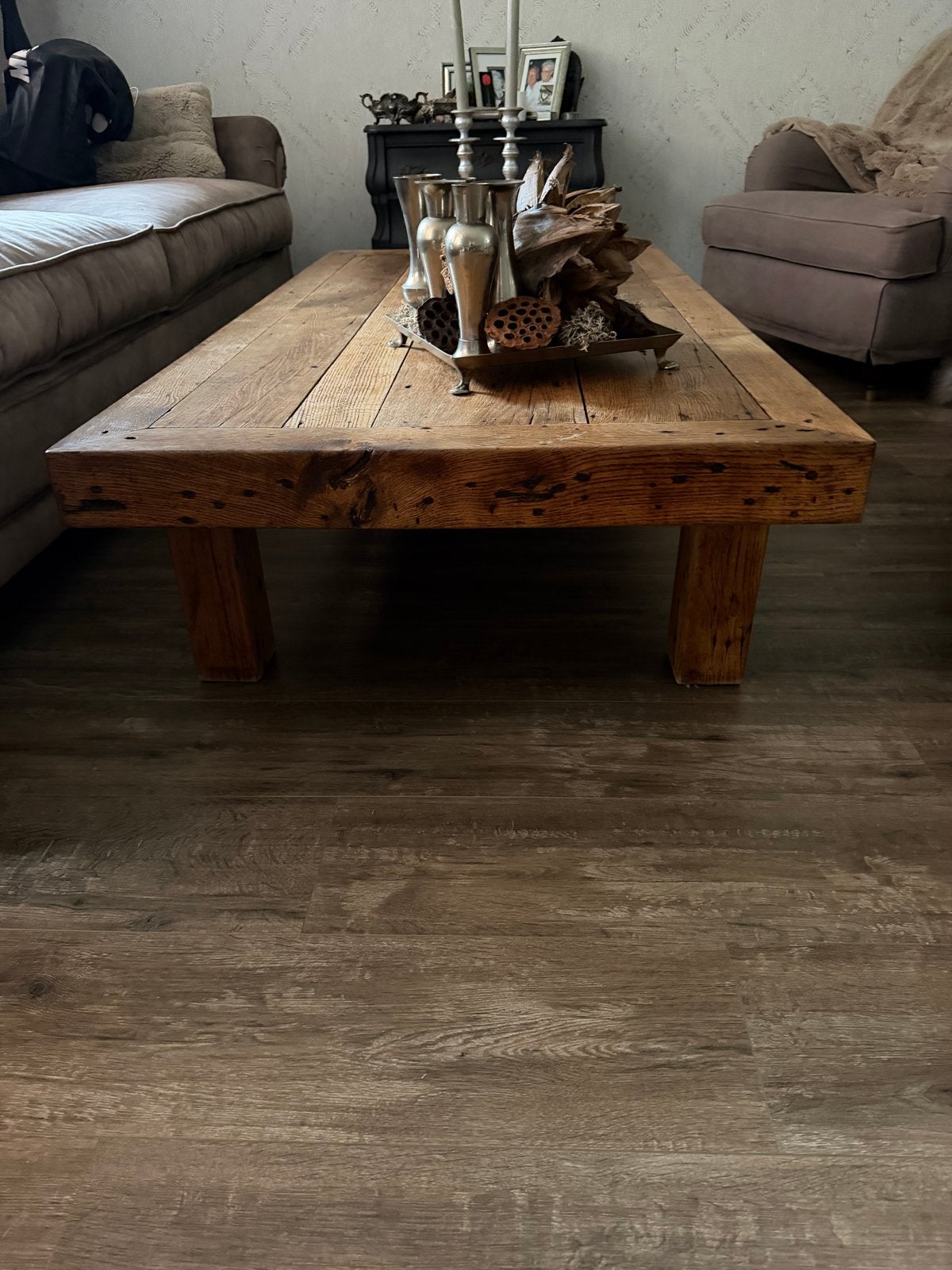 Robuuste antieke houten salontafel - Landelijke stijl, Ophalen, Gebruikt, 100 tot 150 cm, 50 tot 100 cm
