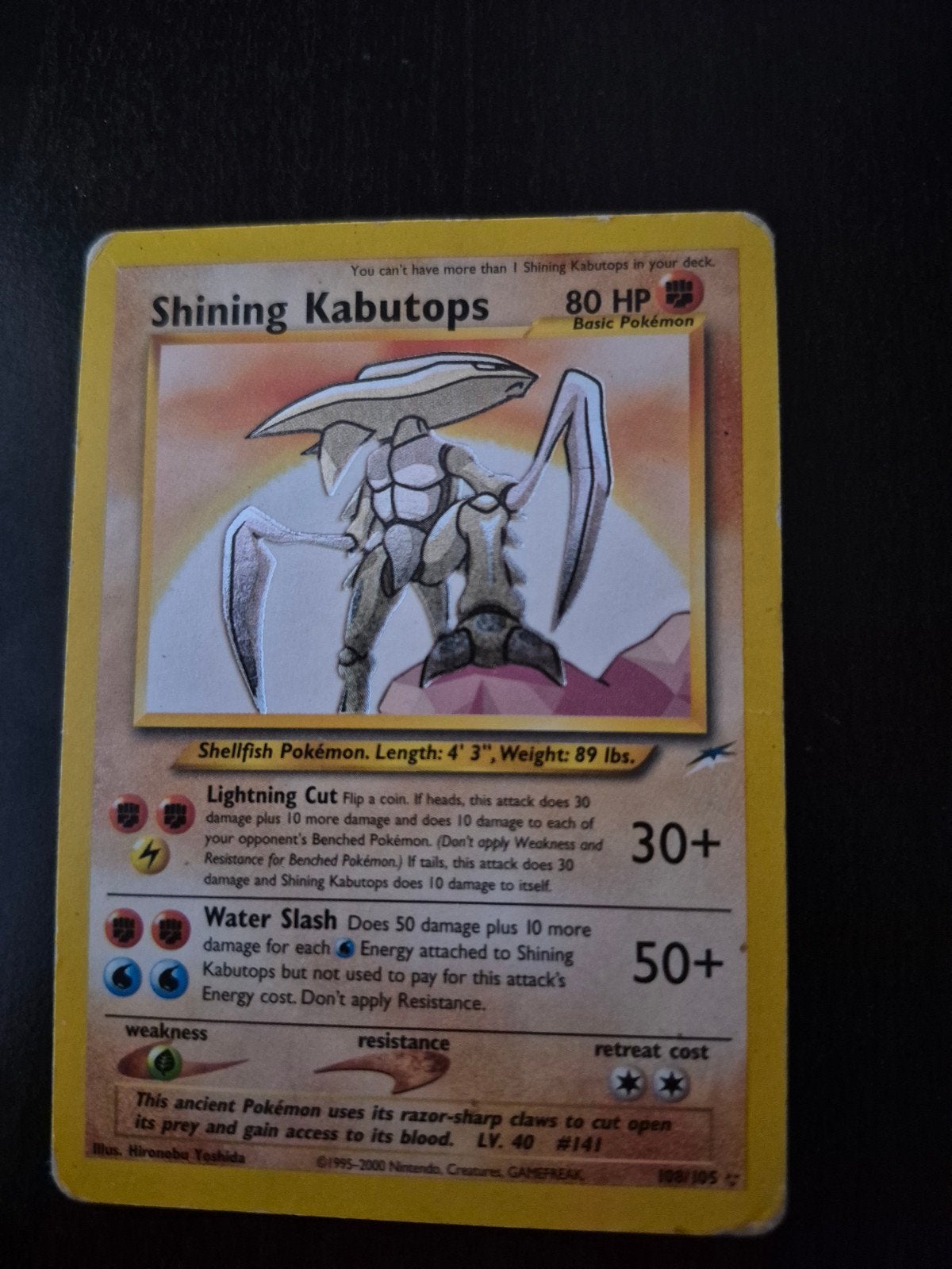 Pokemon Shining Kabutops 108/105 Neo Destiny Holo, Ophalen of Verzenden, Gebruikt, Losse kaart, Foil