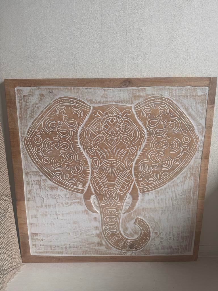 Maisons du Monde wanddecoratie olifant mangohout 80x80, Ophalen, Boho, Hout, Meerkleurig