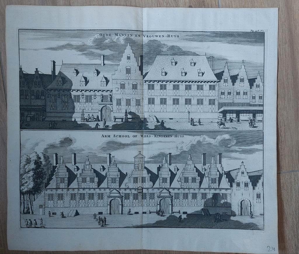 22 / Armschool & Vrouwenhuis Middelburg Zeeland gravure 1696, Ophalen of Verzenden