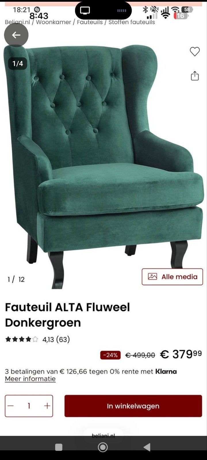 Groen fauteuil, Huis en Inrichting, Fauteuils, Ophalen, Gebruikt, 75 tot 100 cm, 50 tot 75 cm