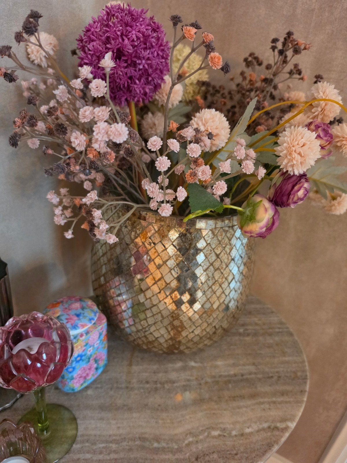 Gouden mozaïek vaas zonder kunstbloemen, Ophalen, Met patroon/structuur, Goud, Glas