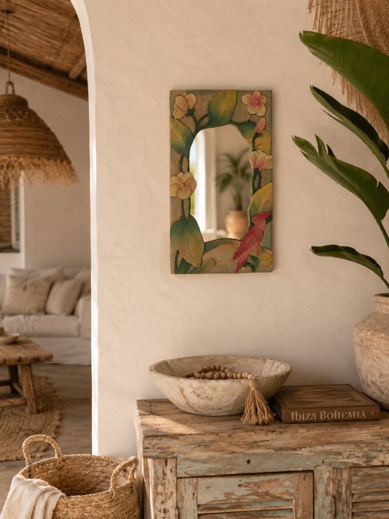 Decoratieve houten spiegel met bloemen en vogel, Ophalen of Verzenden, Rechthoekig, Minder dan 50 cm, Minder dan 100 cm