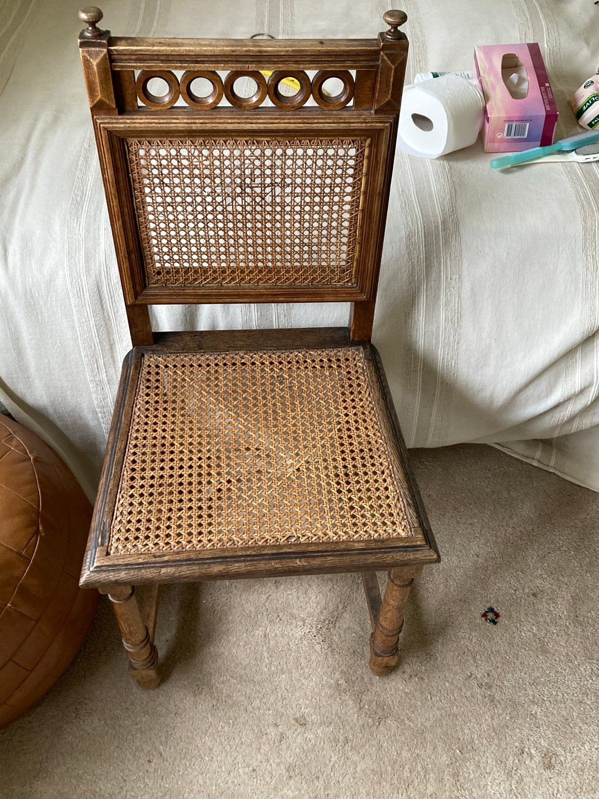 Antieke houten stoel met rieten zitting en rugleuning, Ophalen of Verzenden