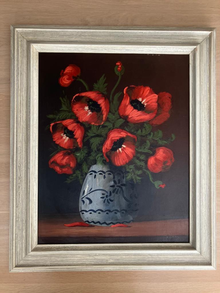 Schilderij stilleven vaas met klaprozen gesigneerd Janny, Antiek en Kunst, Kunst | Schilderijen | Klassiek, Ophalen of Verzenden