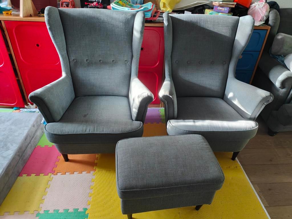2 Ikea Strandmon fauteuils met voetstoel, Ophalen, Gebruikt, 75 tot 100 cm, 50 tot 75 cm
