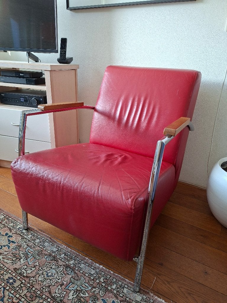 Rode leren fauteuil van Montel, Huis en Inrichting, Ophalen, Gebruikt, Modern, 50 tot 75 cm