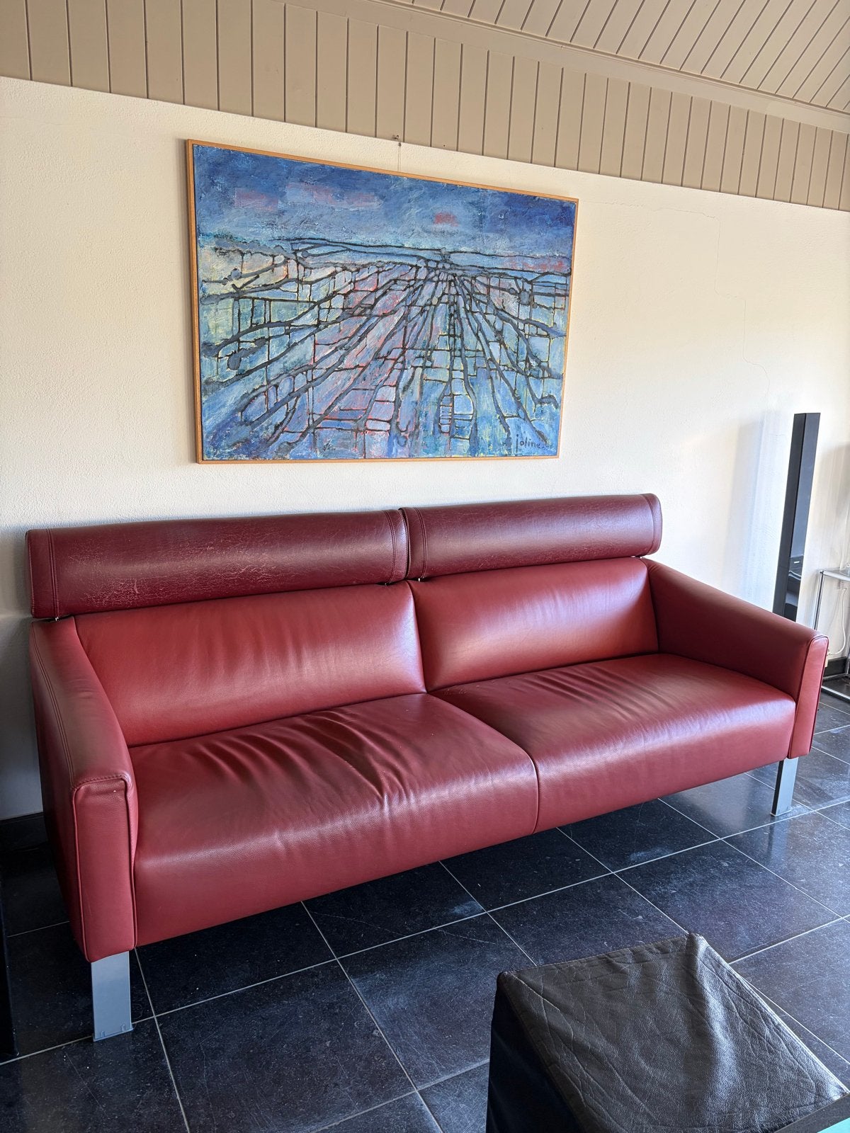 Leolux Patachou bank - Rood leer, Ophalen, Gebruikt, Driepersoons, 200 tot 250 cm