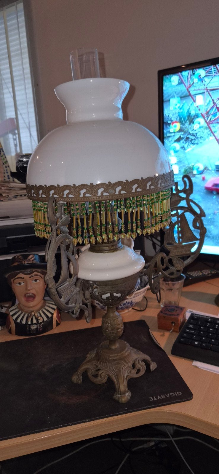 Antieke olielamp met scheepjesmotief en messing, Ophalen of Verzenden