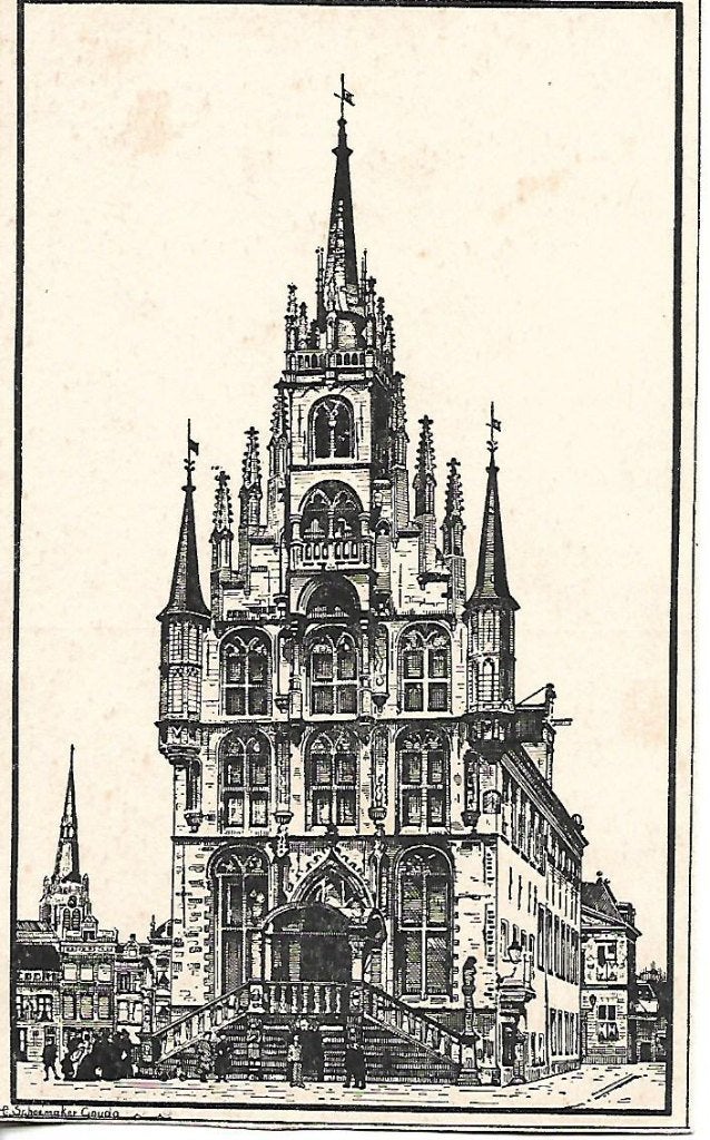 Gouda- -Stadhuis, pentekening., Verzenden, 1940 tot 1960, Ongelopen, Zuid-Holland