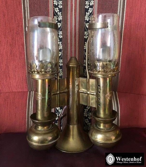2 Arms industriële wandlamp vintage DLC koper, Ophalen of Verzenden, Gebruikt, Glas