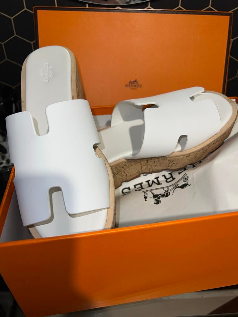 Hermès eze Sandalen Wit met Kurk Plateauzool, Wit, Nieuw, Sandalen of Muiltjes, Ophalen of Verzenden