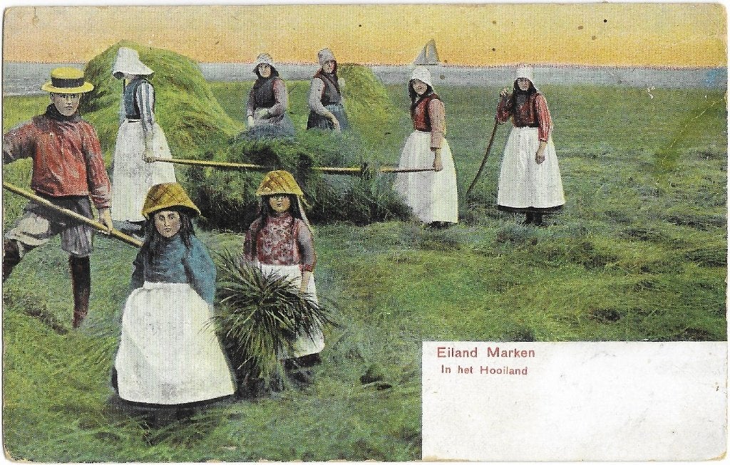 Marken, Hooiland, hooien, meisjes, jongens, klederdracht, Verzenden, Voor 1920, Gelopen, Noord-Holland