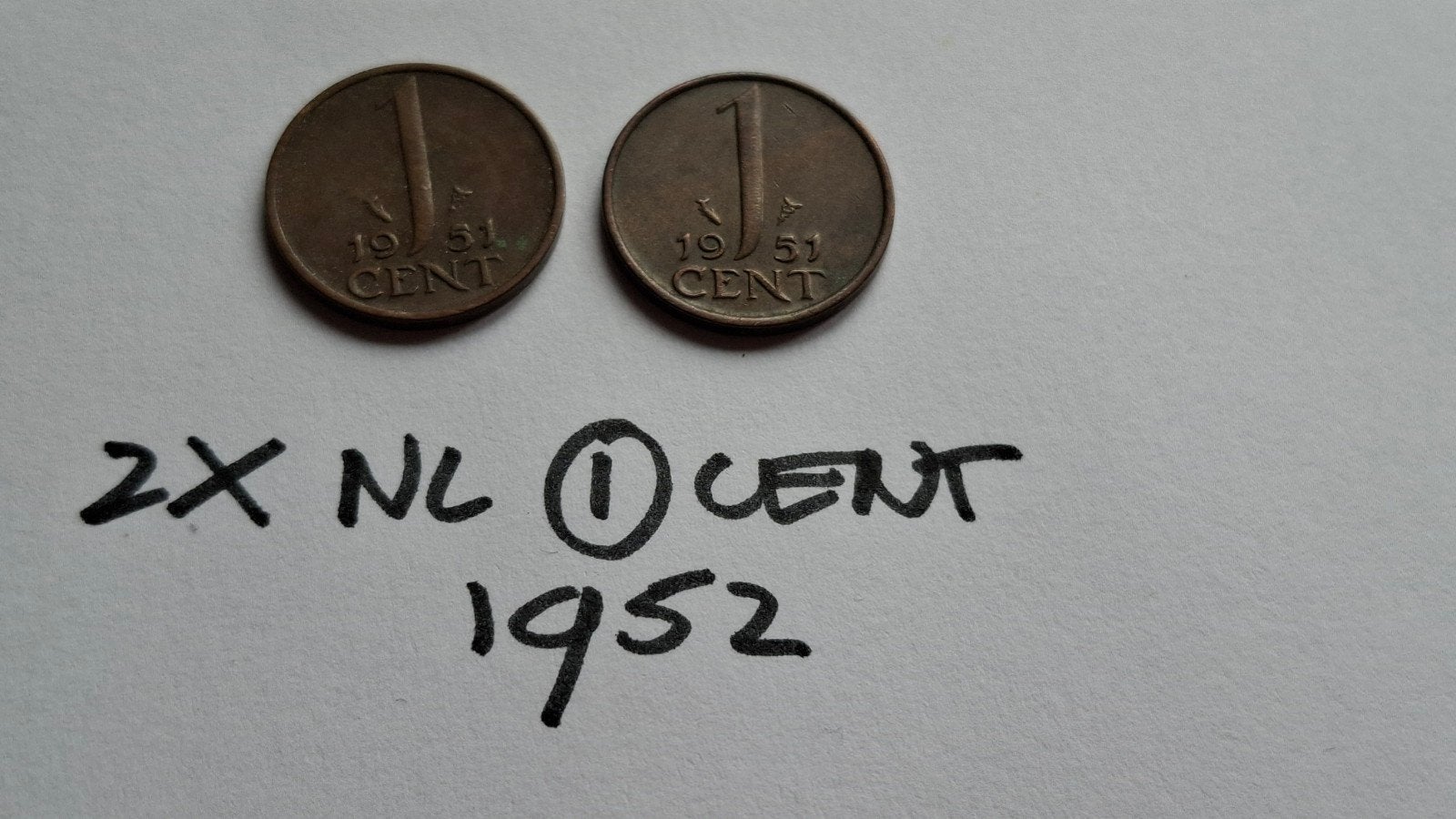 Oude munten: 2x Nederland 1 cent 1952, Ophalen of Verzenden, Koningin Juliana, 1 cent