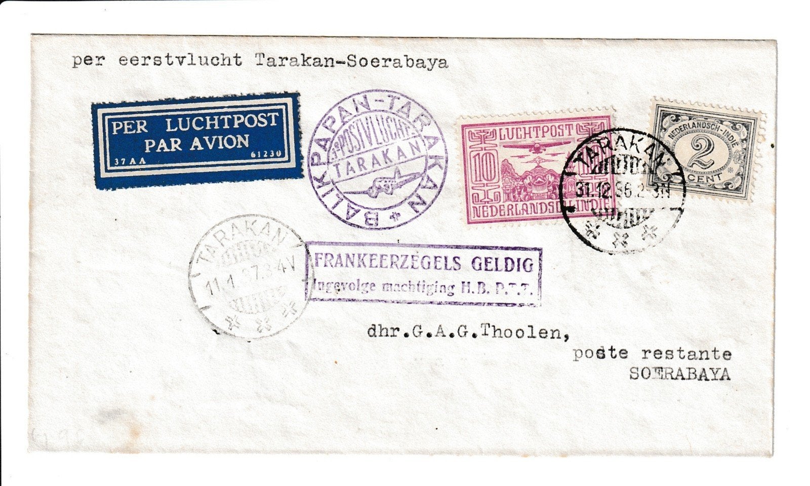 FFC Nederlands-Indië 1936 Eerste Vlucht Tarakan – Soerabaja, Ophalen of Verzenden, Envelop